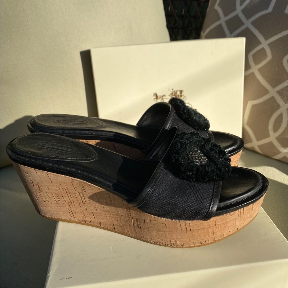 COACH Black Jazmin Canvas Cork Platform Wedge Sandals Shoes Size 9